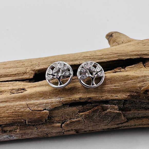 Tree Of Life Sterling Silver CZ Stud Earrings - Picture 3 of 5